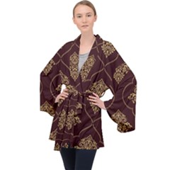 Vector Gold Ornament Pattern Seamless Damask Long Sleeve Velvet Kimono  by Pakjumat