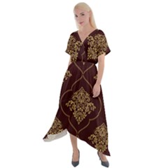 Vector Gold Ornament Pattern Seamless Damask Cross Front Sharkbite Hem Maxi Dress by Pakjumat