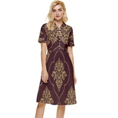 Vector Gold Ornament Pattern Seamless Damask Button Top Knee Length Dress by Pakjumat