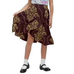 Vector Gold Ornament Pattern Seamless Damask Kids  Ruffle Flared Wrap Midi Skirt by Pakjumat