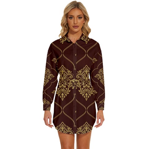 Vector Gold Ornament Pattern Seamless Damask Womens Long Sleeve Shirt Dress by Pakjumat