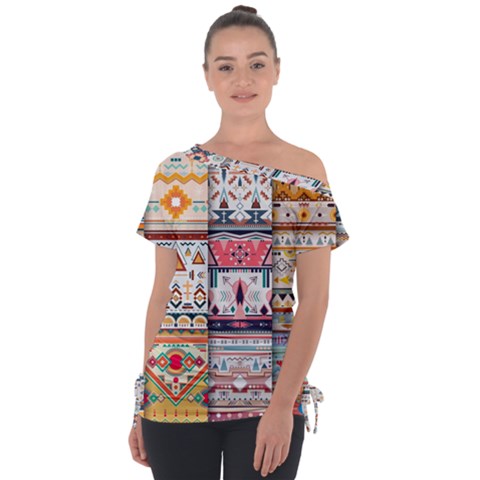 Pattern Texture Multi Colored Variation Off Shoulder Tie-up T-shirt by Pakjumat