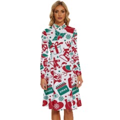 Background Vector Texture Christmas Winter Pattern Seamless Long Sleeve Shirt Collar A-line Dress by Pakjumat