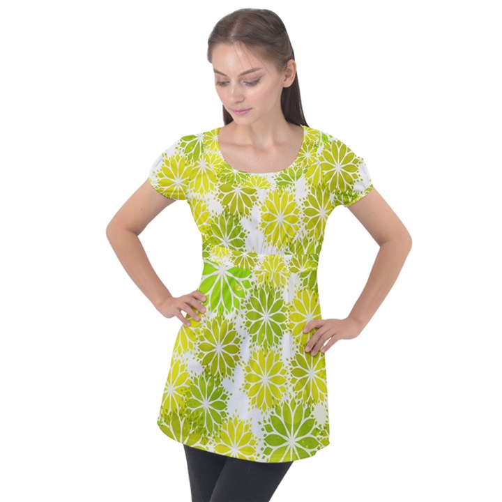 Flowers Green Texture With Pattern Leaves Shape Seamless Puff Sleeve Tunic Top