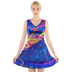 Abstract Paisley Art Pattern Design Fabric Floral Decoration V-neck Sleeveless Dress by Pakjumat