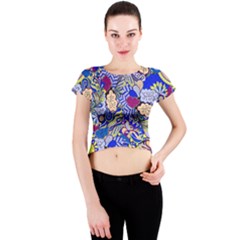 Blue Yellow Background Pattern Vector Texture Paisley Crew Neck Crop Top by Pakjumat