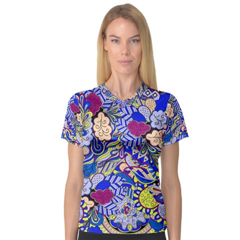 Blue Yellow Background Pattern Vector Texture Paisley V-neck Sport Mesh T-shirt by Pakjumat