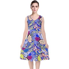 Blue Yellow Background Pattern Vector Texture Paisley V-neck Midi Sleeveless Dress  by Pakjumat