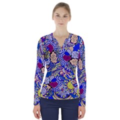 Blue Yellow Background Pattern Vector Texture Paisley V-neck Long Sleeve Top by Pakjumat