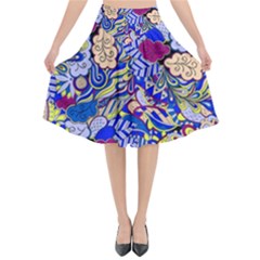 Blue Yellow Background Pattern Vector Texture Paisley Flared Midi Skirt by Pakjumat