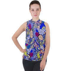 Blue Yellow Background Pattern Vector Texture Paisley Mock Neck Chiffon Sleeveless Top by Pakjumat