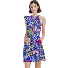 Blue Yellow Background Pattern Vector Texture Paisley Cocktail Party Halter Sleeveless Dress With Pockets