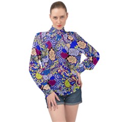 Blue Yellow Background Pattern Vector Texture Paisley High Neck Long Sleeve Chiffon Top by Pakjumat