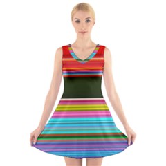 Horizontal Line Colorful V-neck Sleeveless Dress by Pakjumat