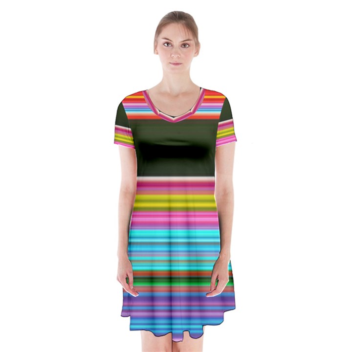 Horizontal Line Colorful Short Sleeve V-neck Flare Dress