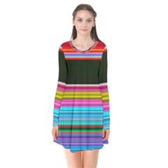 Horizontal Line Colorful Long Sleeve V-neck Flare Dress by Pakjumat