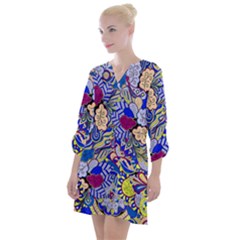 Blue Yellow Background Pattern Vector Texture Paisley Open Neck Shift Dress by Pakjumat