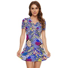 Blue Yellow Background Pattern Vector Texture Paisley V-neck High Waist Chiffon Mini Dress by Pakjumat