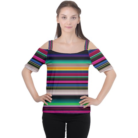 Horizontal Lines Colorful Cutout Shoulder T-shirt by Pakjumat