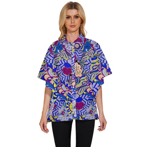 Blue Yellow Background Pattern Vector Texture Paisley Women s Batwing Button Up Shirt by Pakjumat