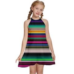 Horizontal Lines Colorful Kids  Halter Collar Waist Tie Chiffon Dress by Pakjumat