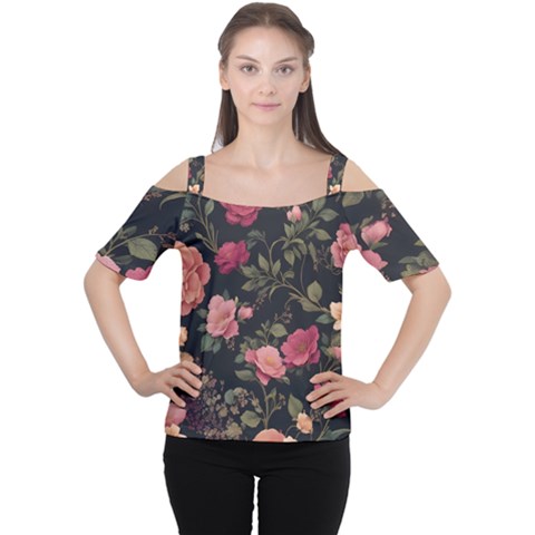 Flower Pattern Cutout Shoulder T-shirt by Pakjumat