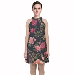 Flower Pattern Velvet Halter Neckline Dress  by Pakjumat