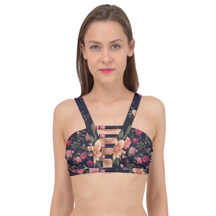 Flower Pattern Cage Up Bikini Top