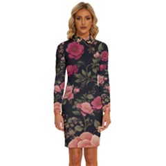 Flower Pattern Long Sleeve Shirt Collar Bodycon Dress by Pakjumat