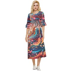 Pattern Abstract Double Cuff Midi Dress