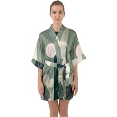 Spring Floral Plants Foliage Minimal Minimalist Half Sleeve Satin Kimono  by Pakjumat