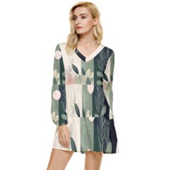 Spring Floral Plants Foliage Minimal Minimalist Tiered Long Sleeve Mini Dress by Pakjumat