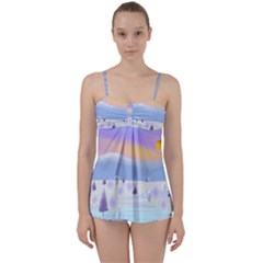 Vector Winter Landscape Sunset Evening Snow Babydoll Tankini Set by Pakjumat