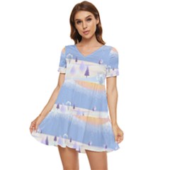 Vector Winter Landscape Sunset Evening Snow Tiered Short Sleeve Babydoll Dress