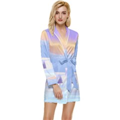 Vector Winter Landscape Sunset Evening Snow Long Sleeve Satin Robe by Pakjumat