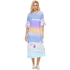 Vector Winter Landscape Sunset Evening Snow Double Cuff Midi Dress