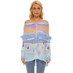 Vector Winter Landscape Sunset Evening Snow Off Shoulder Chiffon Pocket Shirt