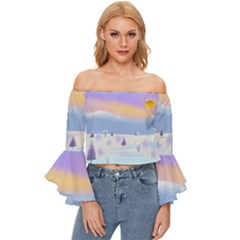 Vector Winter Landscape Sunset Evening Snow Off Shoulder Flutter Bell Sleeve Top