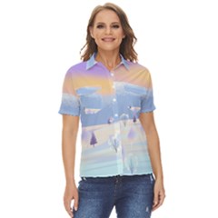 Vector Winter Landscape Sunset Evening Snow Women s Short Sleeve Double Pocket Shirt