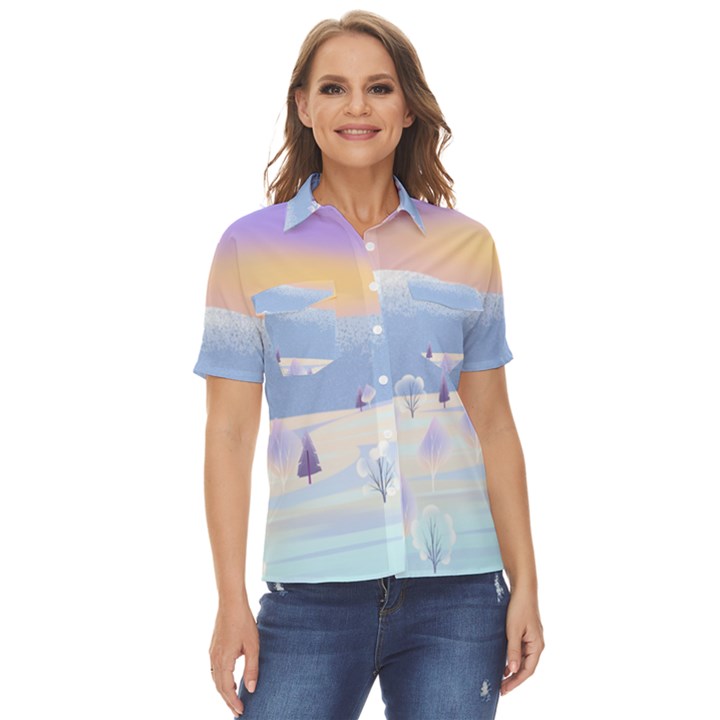 Vector Winter Landscape Sunset Evening Snow Women s Short Sleeve Double Pocket Shirt