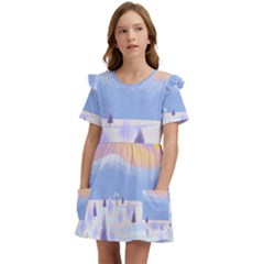 Vector Winter Landscape Sunset Evening Snow Kids  Frilly Sleeves Pocket Dress