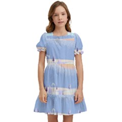 Vector Winter Landscape Sunset Evening Snow Kids  Puff Sleeved Dress