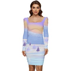 Vector Winter Landscape Sunset Evening Snow Women Long Sleeve Ruched Stretch Jersey Dress