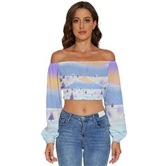 Vector Winter Landscape Sunset Evening Snow Long Sleeve Crinkled Weave Crop Top