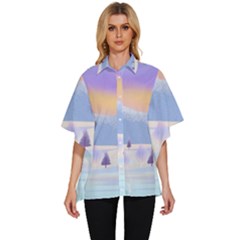 Vector Winter Landscape Sunset Evening Snow Women s Batwing Button Up Shirt