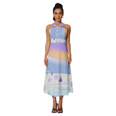 Vector Winter Landscape Sunset Evening Snow Sleeveless Cross Front Cocktail Midi Chiffon Dress