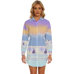 Vector Winter Landscape Sunset Evening Snow Womens Long Sleeve Shirt Dress