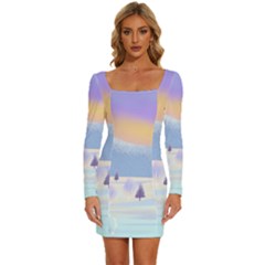 Vector Winter Landscape Sunset Evening Snow Long Sleeve Square Neck Bodycon Velvet Dress