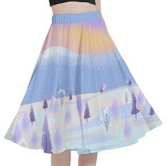 Vector Winter Landscape Sunset Evening Snow A-line Full Circle Midi Skirt With Pocket