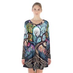 Tree Colourful Long Sleeve Velvet V-neck Dress